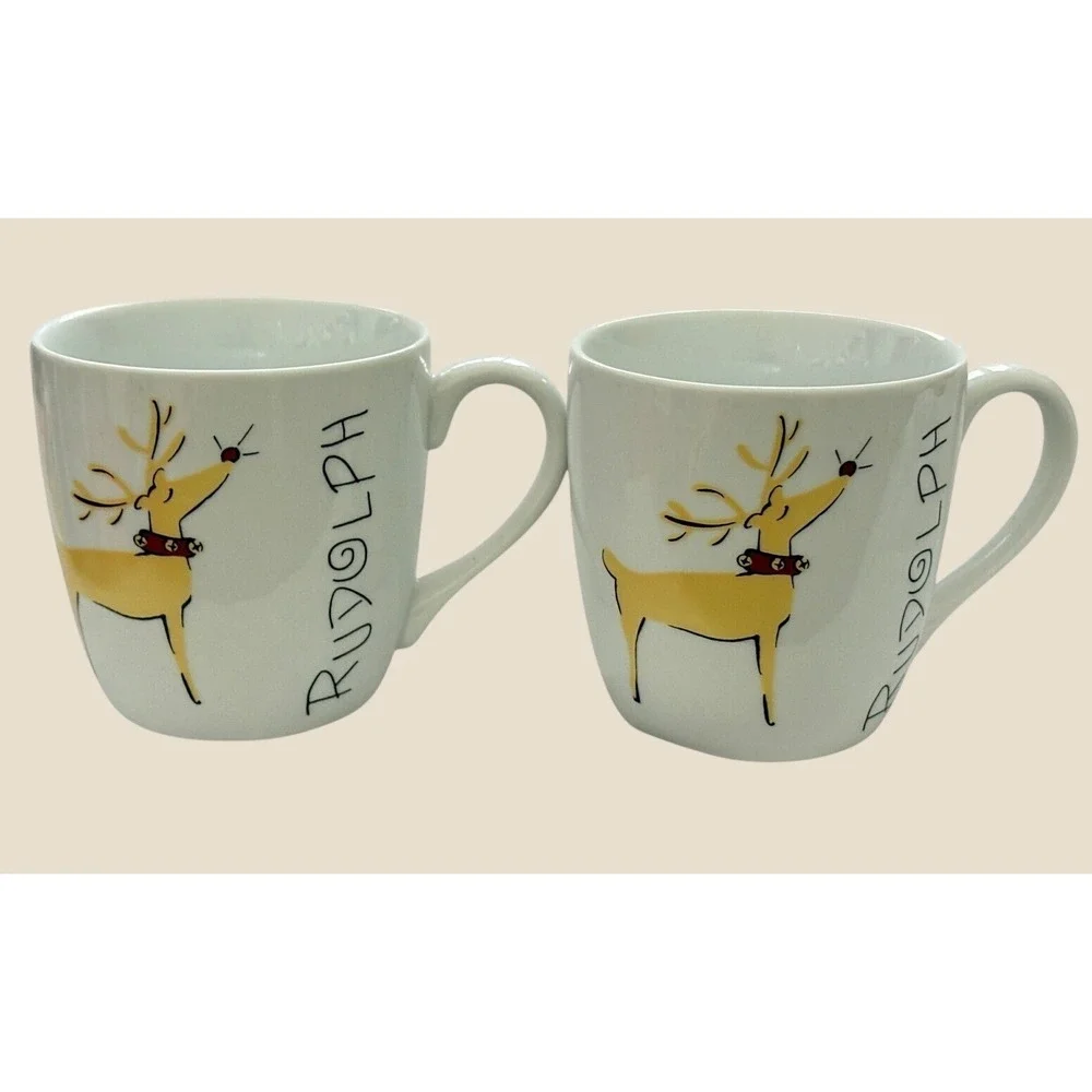 Pottery Barn ~ Rudolph Reindeer Pair of 2 Coffee Cups Mugs Christmas